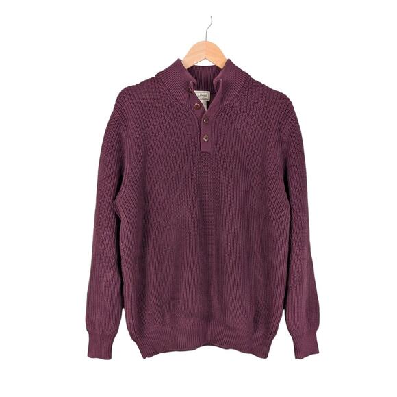 LL Bean Sweater Pullover Mens XL Mock Button Ribbed 1/4 Maroon Red Chunky Casual - Picture 1 of 11